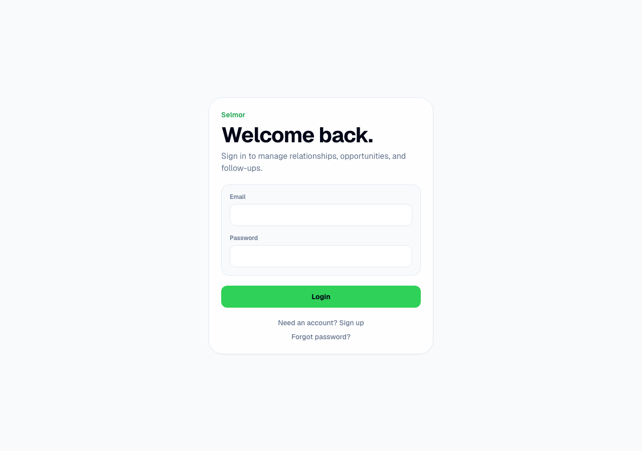 Actual Selmor login screen for the app portal
